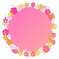 Decorative frame of white, colden, pink flowers and leaves in form of wreath on pink white Royalty Free Stock Photo