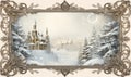 Decorative frame with winter fairytale landscape with snow-covered trees and castle in the background.