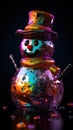 Decorative funny figures of a snowmans in winter Christmas festive landscape with lights. AI generated