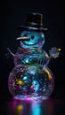 Decorative funny figures of a snowmans in winter Christmas festive landscape with lights. AI generated