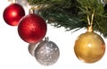 Decorative glass white, golden, and red glittering ball ornaments on Christmas tree. Some balls and tree are blurred. Isolated on Royalty Free Stock Photo