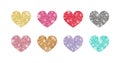 Decorative glitter shiny hearts set isolated on white. Rose gold, pink, golden, silver, red, mint, holographic glossy Royalty Free Stock Photo