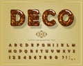 Decorative glossy font. Cartoon 3d alphabet. Festive ornate letters and numbers. Vintage royal design. Vector