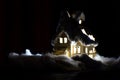 Decorative Glowing House On A Black Background. Christmas Decorations, A House, Snow.