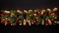 Decorative glowing shimmering Christmas garland with green coniferous branches and pine red cones, seamless pattern decoration Royalty Free Stock Photo