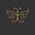 Decorative gold butterfly. Elegant linear silhouette. Item for logo.