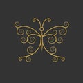 Decorative gold butterfly. Elegant linear silhouette. Item for logo.