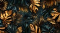 Decorative gold wallpaper with black and golden backgrounds. Tropical leaves wall art design with dark blue and green Royalty Free Stock Photo