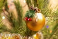 Decorative golden ball on the Christmas tree. Colorful decoration for New Years celebration Royalty Free Stock Photo