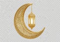 Golden crescent moon with islamic lantern isolated on white background Royalty Free Stock Photo