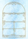 Decorative golden framework. Vintage arc window, for card or book cover design.