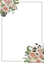 Decorative golden rectangular frame with eucalyptus, fern and boxwood branches, brunia, pink rose. For wedding invitations,