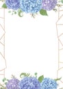 Decorative golden rectangular frame with.leaves, branches eucalyptus, gaultheria, salal, chamaelaucium, fern.Blue, purple, of