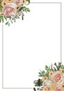 Decorative golden rectangular frame with pink rose flowers, eustoma cream, brunia, green fern, eucalyptus, branches buxus. For