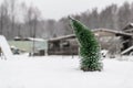 A decorative green Christmas tree stands on the snowm.