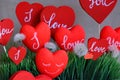 decorative green grass with various red heart handmade. Royalty Free Stock Photo