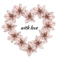 Decorative greeting card with heart of pink lily flowers. Free place for text. Vector design. Royalty Free Stock Photo