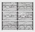 Decorative grill for a fence or a fireplace grate. Stylized graphics city, river, bridge, sky