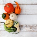 Decorative Halloween and autumn frame with pumpkins on white wooden background. Owerhad view Royalty Free Stock Photo