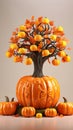 Decorative halloween pumpkin tree with orange leaves and small pumpkins hanging from branches. Decorative halloween pumpkin tree Royalty Free Stock Photo