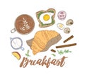 Decorative hand drawn composition with appetizing breakfast meals and morning food - croissant, egg sandwich, yogurt