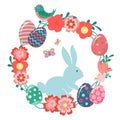 Decorative hand drawn cute wreath with Easter eggs, bunny, bird, butterfly, flowers, leaves Royalty Free Stock Photo
