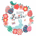 Decorative hand drawn cute wreath with Easter eggs, bunny, bird, butterfly, flowers, leaves, text. Lettering Happy Easter. Spring Royalty Free Stock Photo