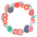 Decorative hand drawn cute wreath with Easter eggs, flowers, leaves. Happy Easter holiday. Abstract vector illustration isolated Royalty Free Stock Photo