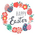 Decorative hand drawn cute wreath, Easter eggs with flowers, leaves, text. Lettering Happy Easter holiday Royalty Free Stock Photo