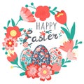 Decorative hand drawn cute wreath, Easter eggs with flowers, leaves, text. Lettering Happy Easter holiday Royalty Free Stock Photo