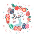 Decorative hand drawn cute wreath, Easter eggs, flowers, rabbit, butterfly, bird. Lettering Happy Easter holiday. Spring floral Royalty Free Stock Photo