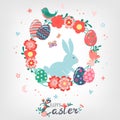 Decorative hand drawn cute wreath, Easter eggs, flowers, rabbit, butterfly, bird. Lettering Happy Easter holiday. Spring floral Royalty Free Stock Photo