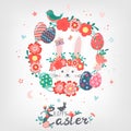 Decorative hand drawn cute wreath, Easter eggs, flowers, rabbit, butterfly, bird. Lettering Happy Easter holiday. Spring floral Royalty Free Stock Photo