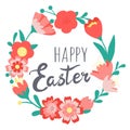 Decorative hand drawn cute wreath with flowers, leaves, text. Lettering Happy Easter holiday Royalty Free Stock Photo