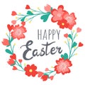 Decorative hand drawn cute wreath with flowers, leaves, text. Lettering Happy Easter holiday. Spring floral colorful frame Royalty Free Stock Photo