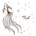 decorative hand drawn fish illustration. sketched line fish graphic. long wavy tailed fish with bubbles on white. engraved