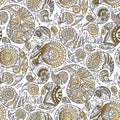 Decorative hand drawn gold paisley seamless pattern