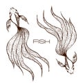 decorative hand drawn koi or betta or goldfish illustration. sketched line fish graphic. two long wavy tailed fishes concept on