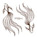 Decorative hand drawn koi or betta or goldfish illustration. sketched line fish graphic. two long wavy tailed fishes