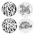 Decorative hand drawn lettering. Handwritten phrases Merry Christmas and Happy New Year isolated on white background. Trendy vecto Royalty Free Stock Photo