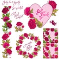 Decorative handdrawn floral heart, border, frame and seamless pa