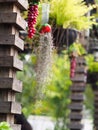 Decorative hanging hand crafted vase made of synthetic flowers and green plant leaves Royalty Free Stock Photo