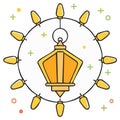 Decorative Hanging Lantern Illuminated by Festive String Lights and Symbols Royalty Free Stock Photo
