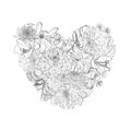 Decorative heart with line garden flowers and leaves. Floral design elements