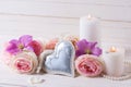 Decorative heart, pink roses and violet clematis flowers , cand Royalty Free Stock Photo