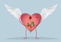 Decorative heart with wings and legs holding a one red rose