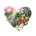 Decorative heart witht tropical flowers. Exotic colorful plants, leaves and buds. Royalty Free Stock Photo