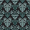 Decorative hearts pattern. Linen textile design in turquoise color on darl background