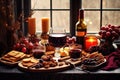 decorative holiday table with mulled wine and treats Royalty Free Stock Photo