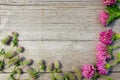 Decorative ikebana with flowers of clover on the wooden